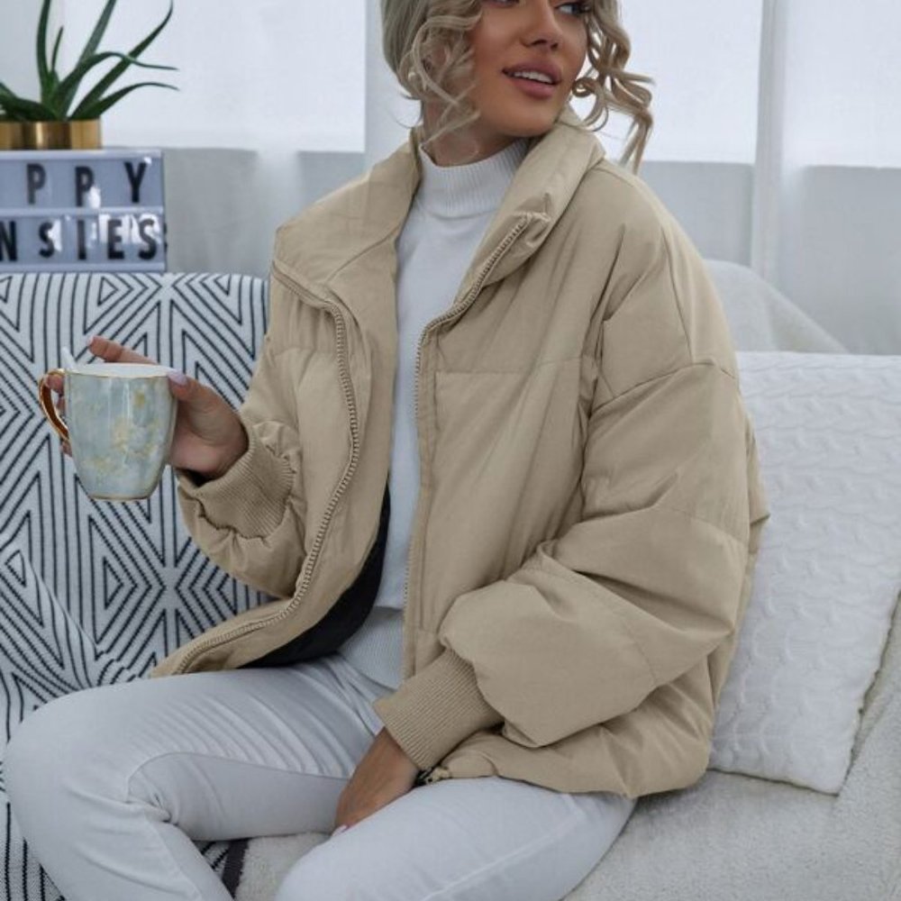 Contemporary Puffer Coat - light tan khaki - Picture 3 of 8